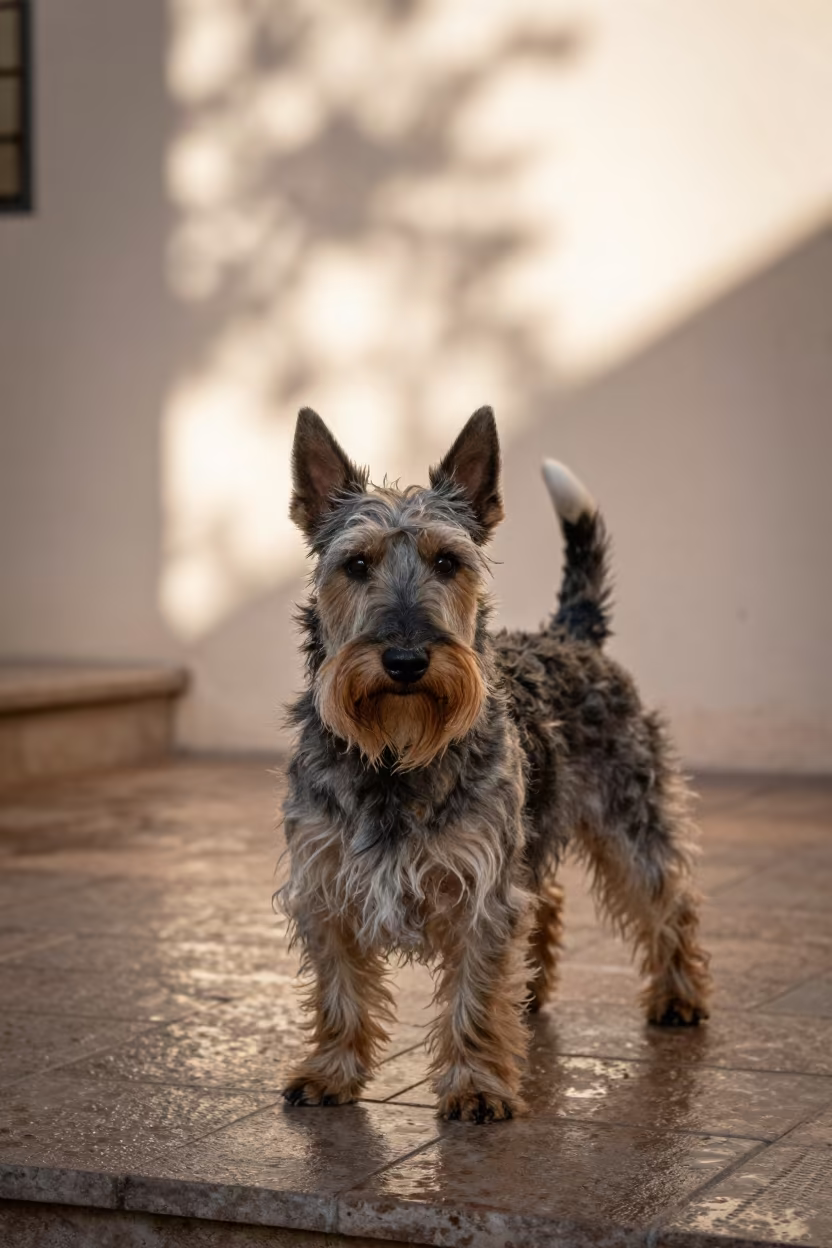 Scottish Terrier on Shaded Porch in Mohammedia in beside a plain courtyard wall in clear daylight with the animal at eye level near Mohammedia