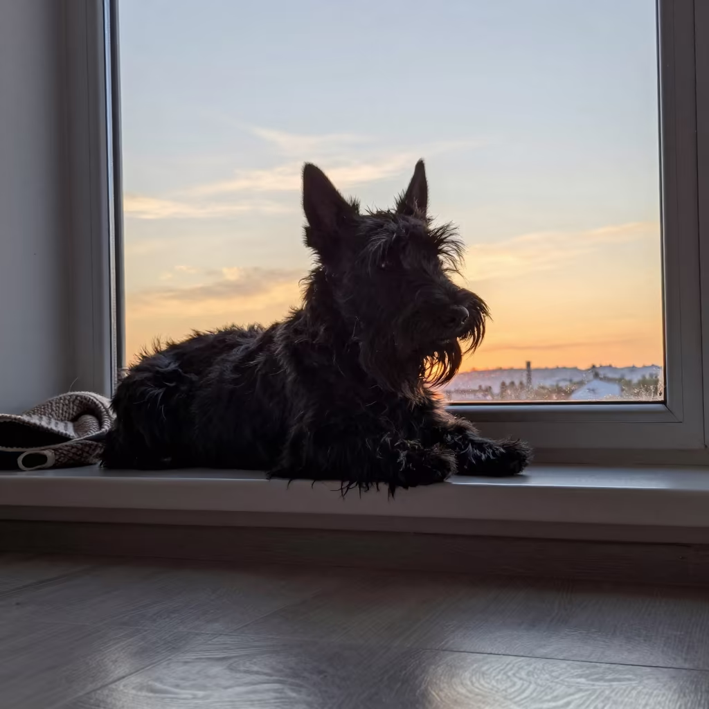 Scottish Terrier on Window Seat in La Paz Apartment in on a window seat in a quiet apartment with soft side light in Witches' Market, La Paz