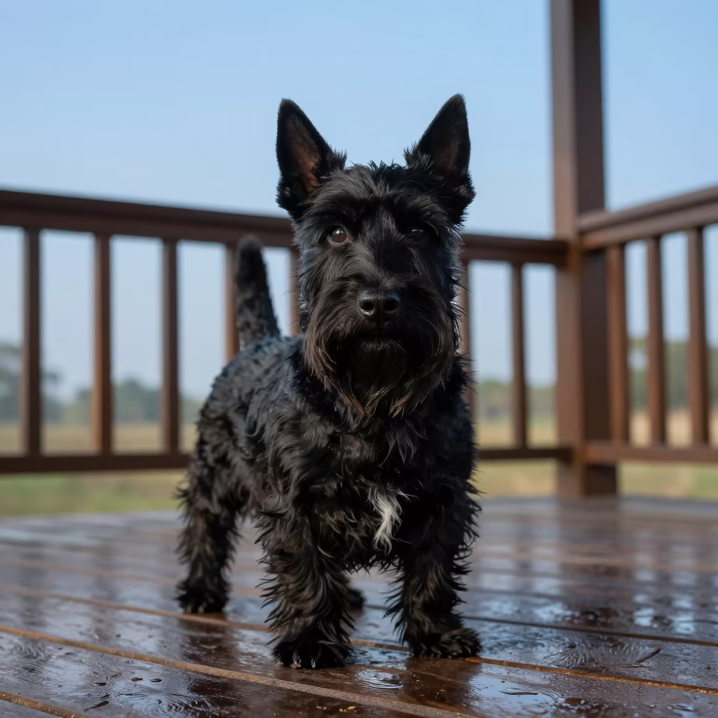 Scottish Terrier Portrait on Aurangabad Porch in on a shaded front porch with boards, railings, and eye-level framing in Aurangabad