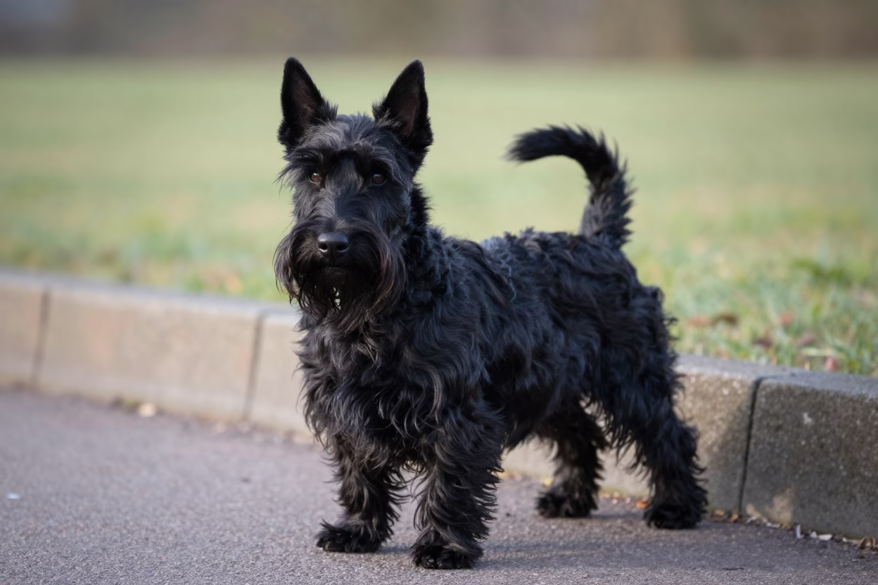 Scottish Terrier Portrait with Wind-Lifted Fur in Bremen Garden in near a garden edge with soft morning light and an uncluttered background in Bremen