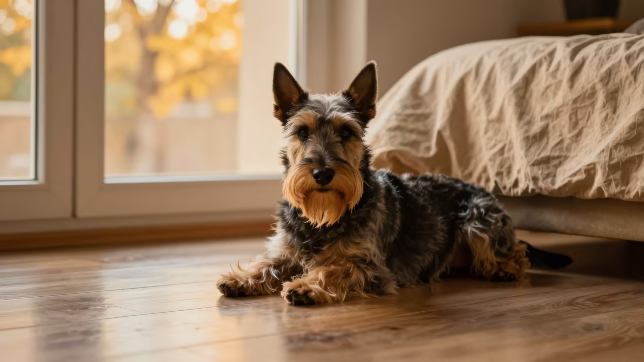Scottish Terrier Resting on Autumn Bedspread in on a bedspread near a bright window with calm indoor light in Herat