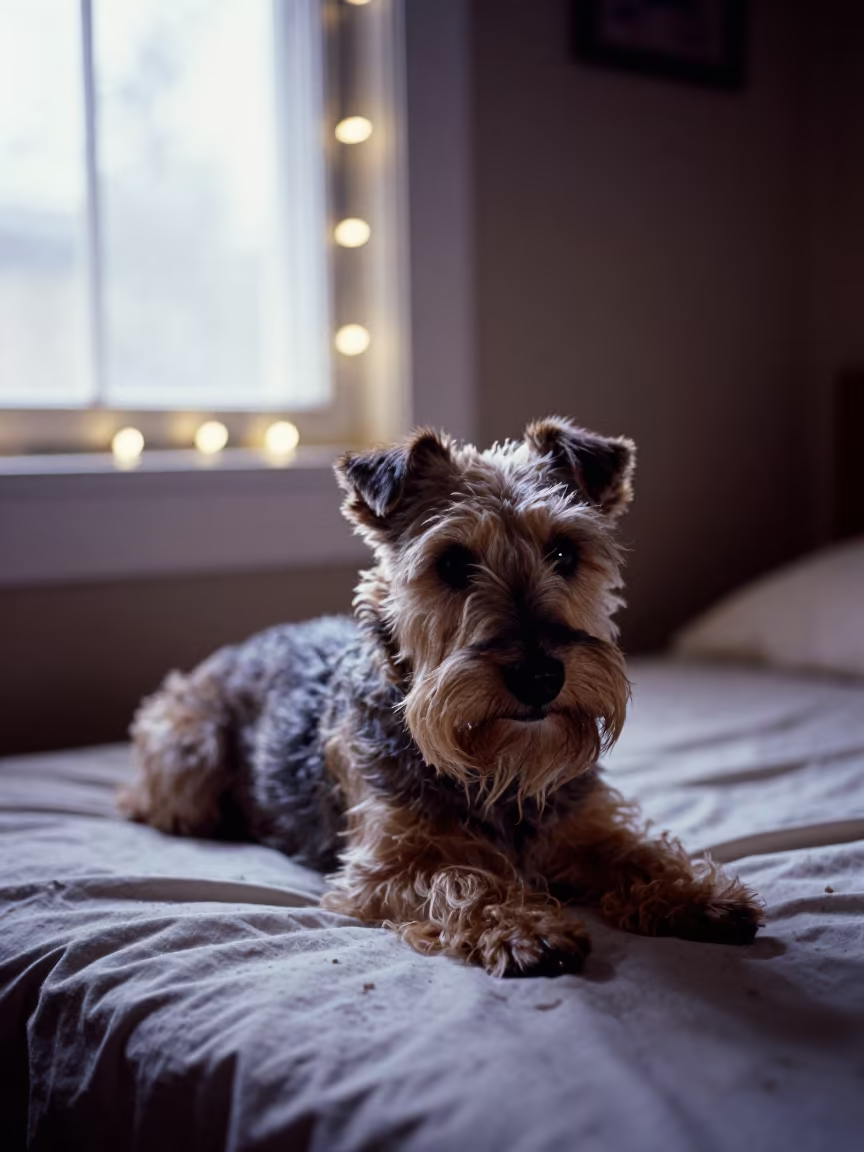 Scottish Terrier Resting on Bedspread by Window in on a bedspread near a bright window with calm indoor light near Austin