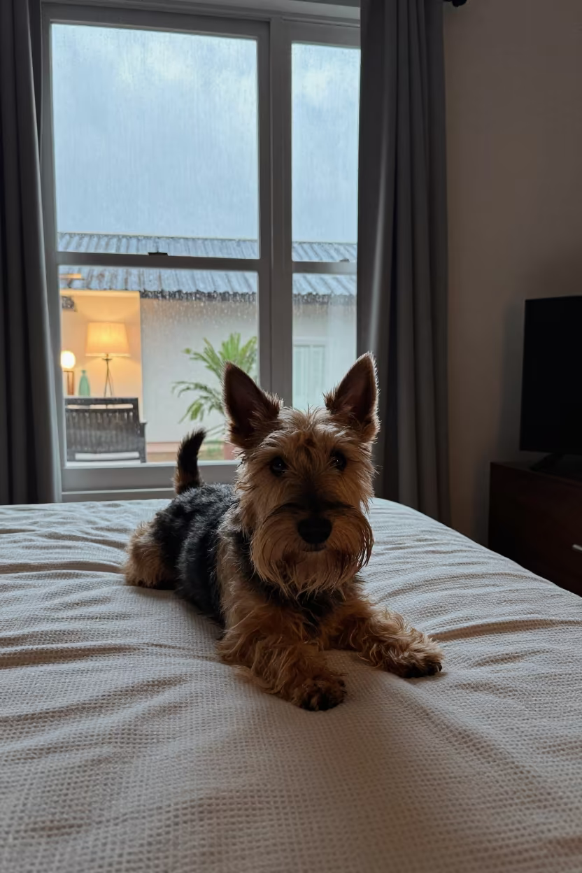 Scottish Terrier Resting on Bedspread Near Window in on a bedspread near a bright window with calm indoor light in Santo Domingo