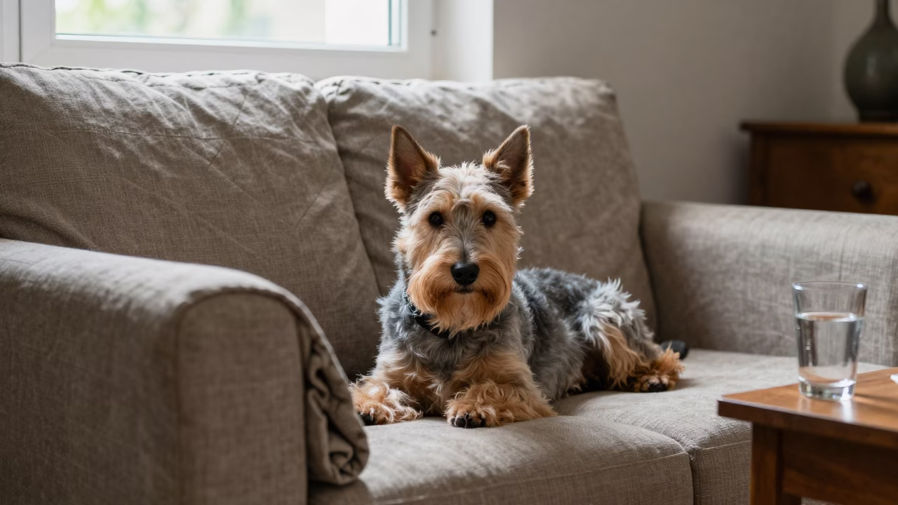 Scottish Terrier Resting on Linen Sofa in Afternoon Light in on a linen sofa with daylight from a nearby window near Mandi Bahauddin