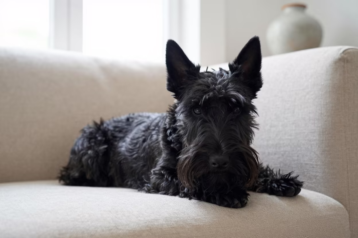 Scottish Terrier Resting on Linen Sofa in Algiers in on a linen sofa with daylight from a nearby window near Algiers
