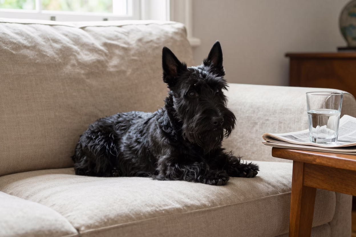 Scottish Terrier Resting on Linen Sofa in Ankara in on a linen sofa with daylight from a nearby window in Ankara