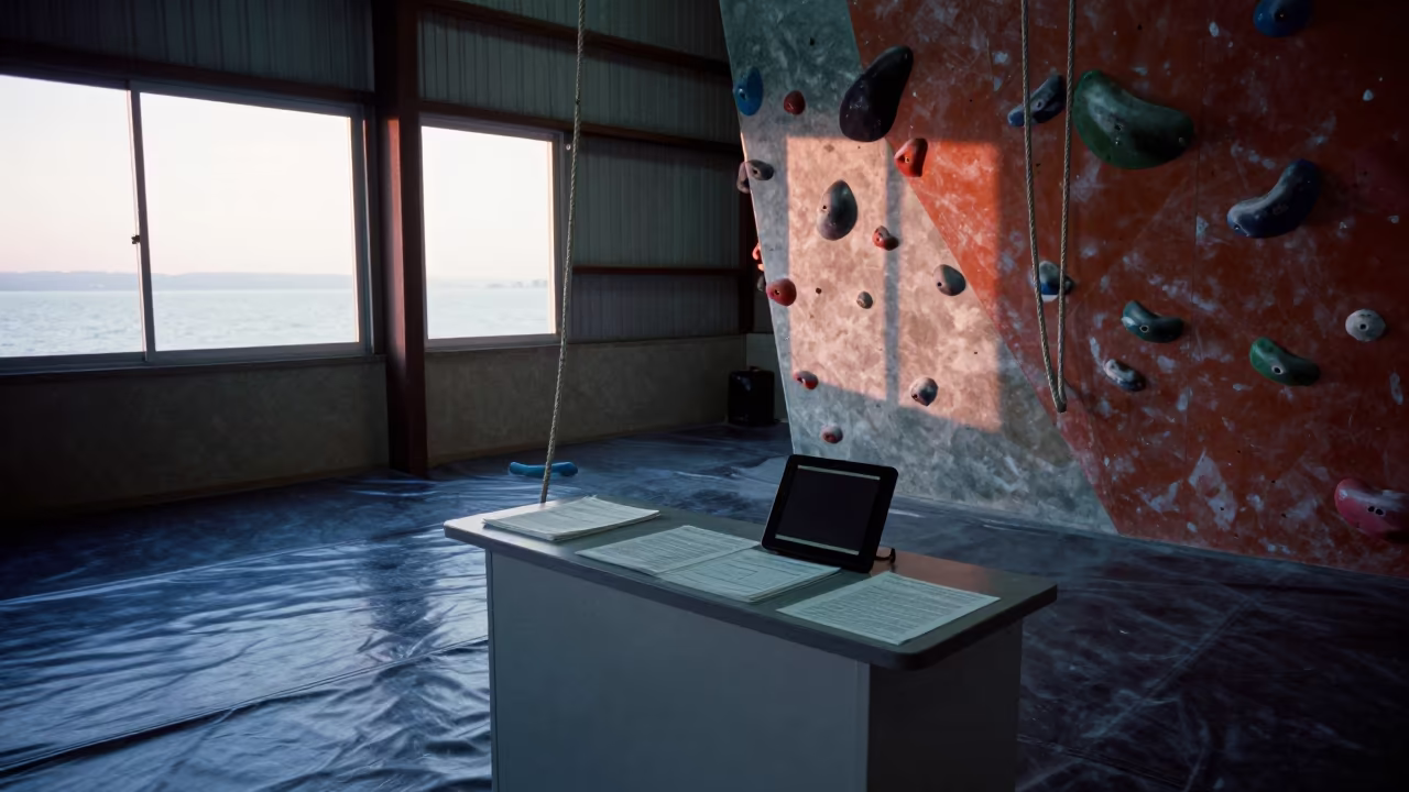 Screening Desk in San-Pedro Gym at Dawn in inside a climbing gym warmup zone in San-Pédro