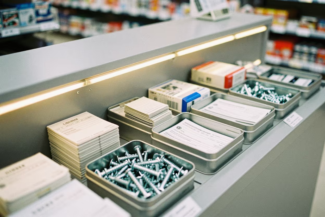 Screw Tin on Damascus Store Counter in inside a bright retail aisle near Damascus