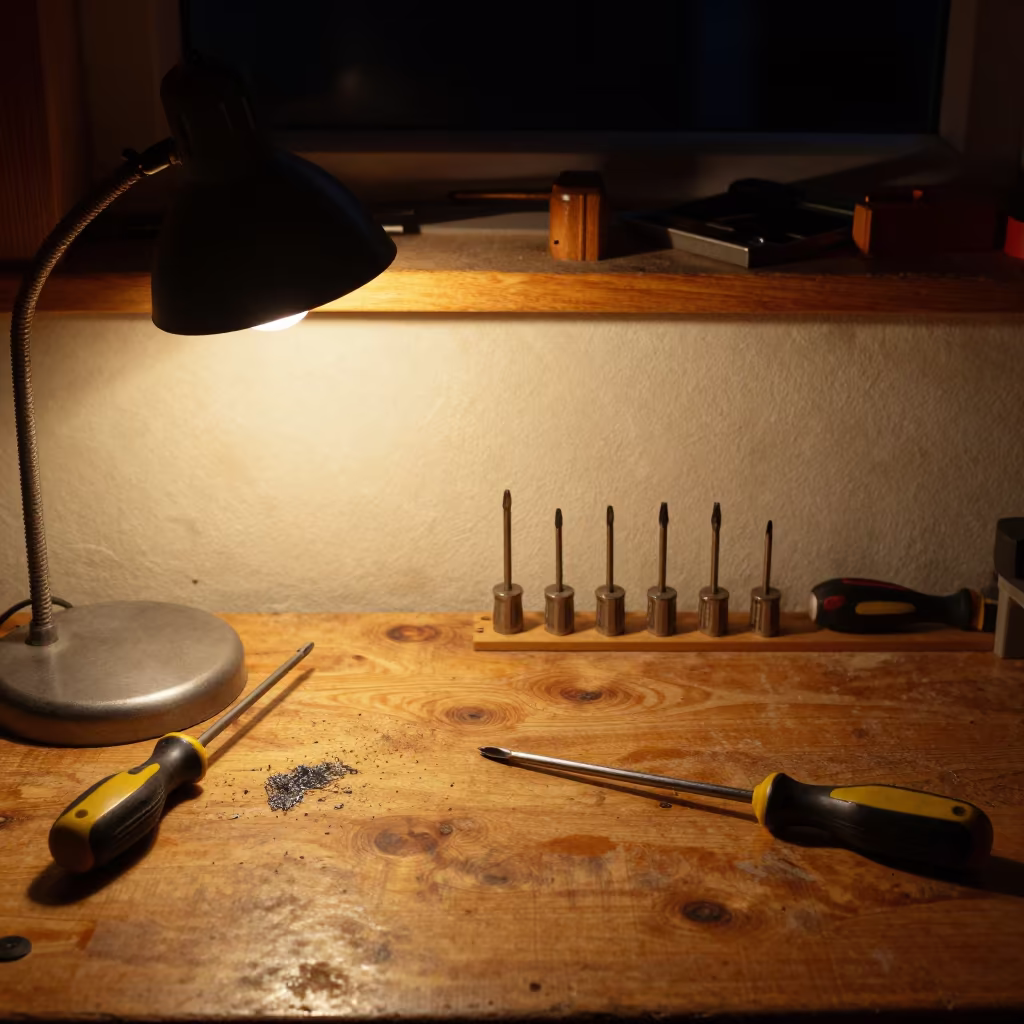 Screwdriver Set on Scarred Workbench Under Lamp in on a painted display ledge in Kaunas