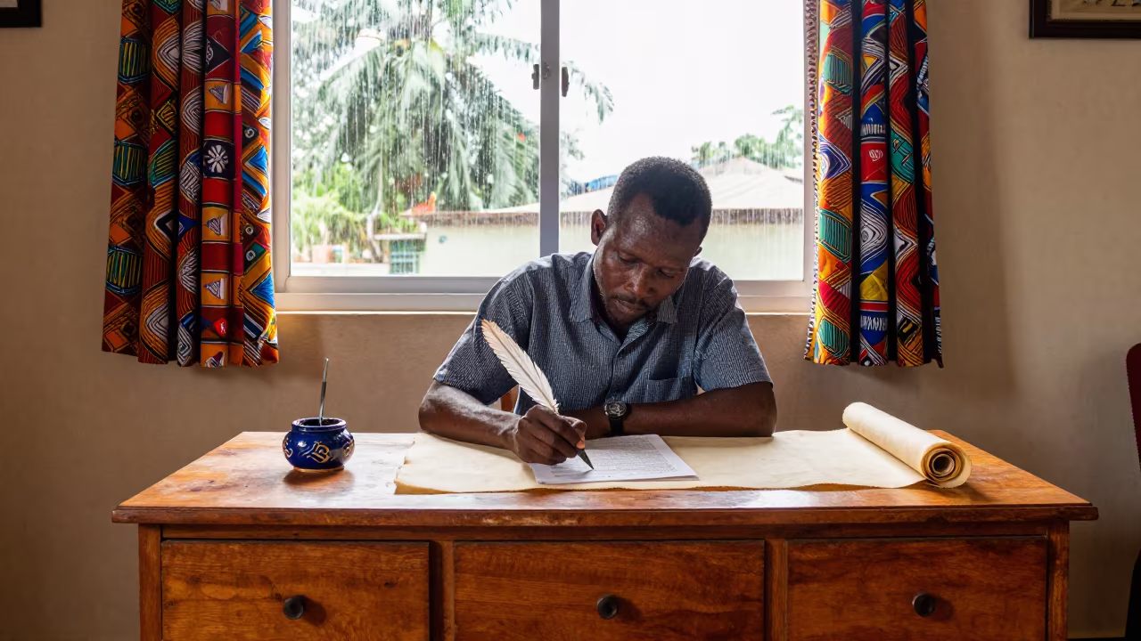 Scribe copying text on vellum near Bangui in on a hotel dresser near Bangui
