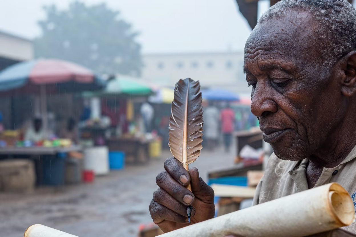 Scribe in Sandaga Market Dawn Mist Portrait in in Sandaga Market, Dakar