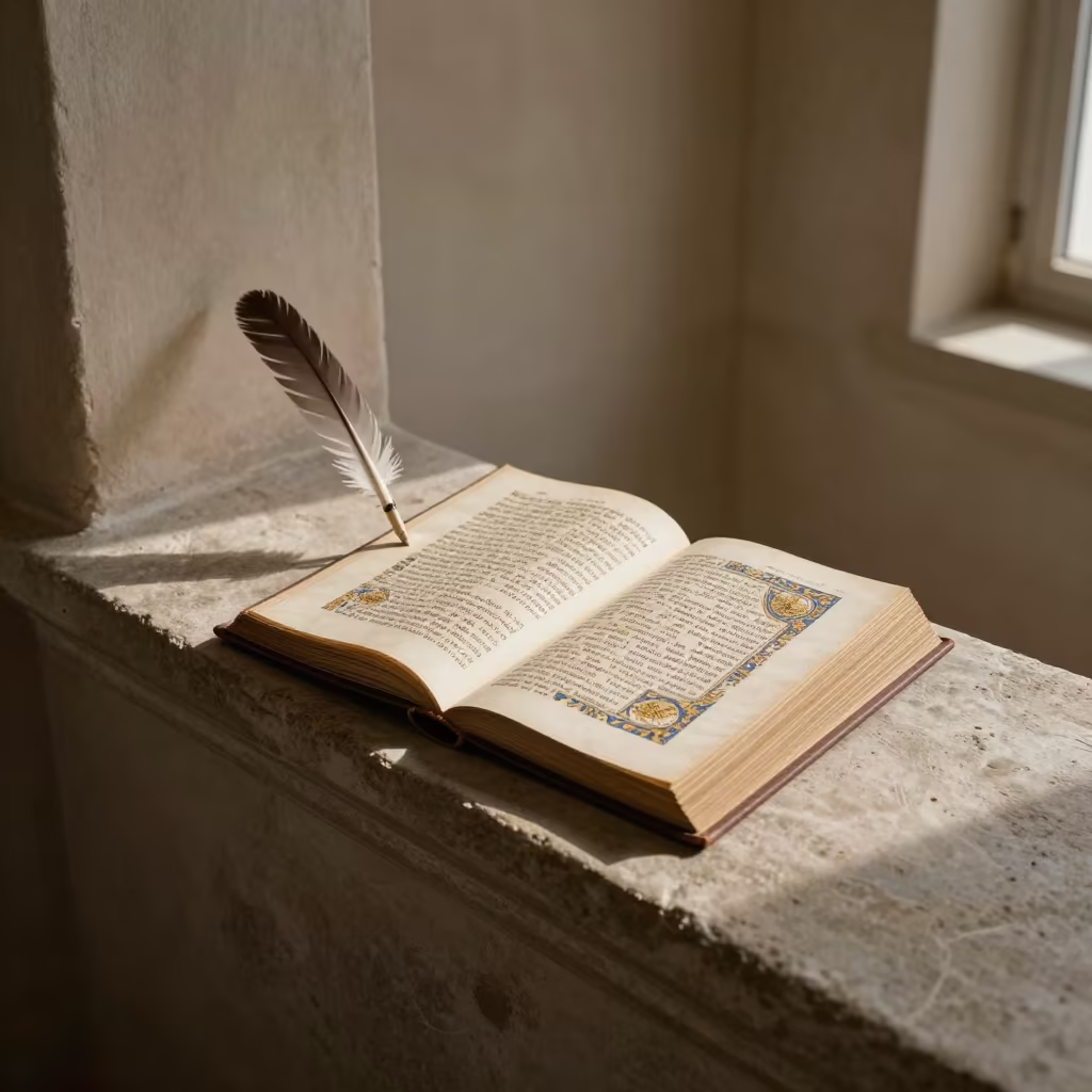 Scriptorium Desk with Illuminated Manuscript in on a stone ledge in Tianjin