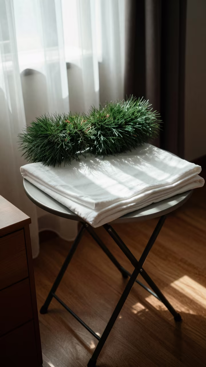 Scrub Brush and Linens on Pisa Hotel Dresser in on a hotel dresser in Pisa