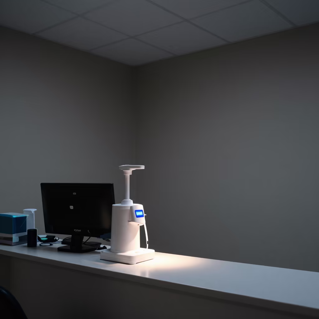 Scrub Cap Dispenser at Oujda Nurse Station Predawn in at a nurse station under monitor glow in Oujda
