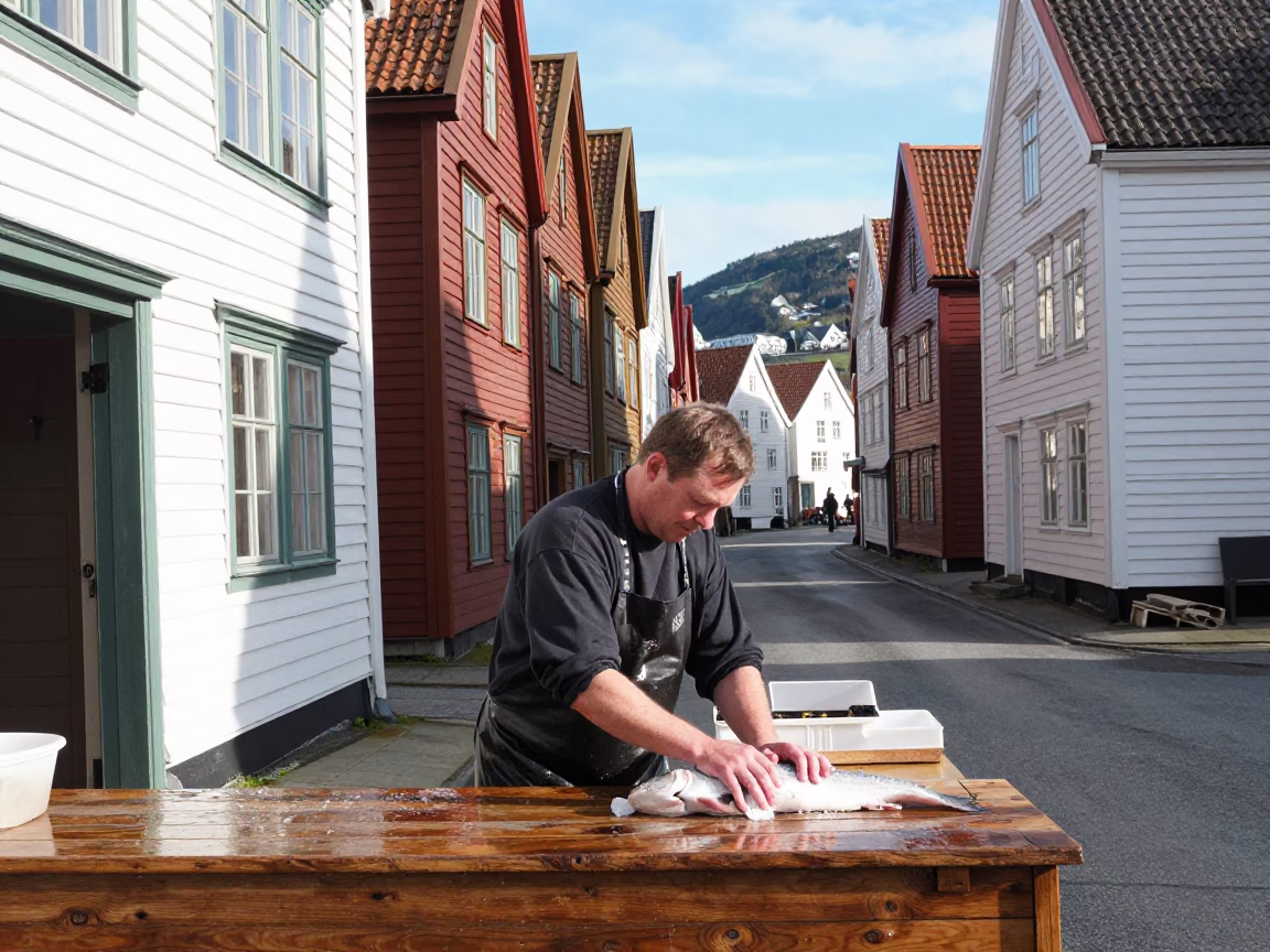 Scrubbing Cod in Bergen in in Bergen, Norway