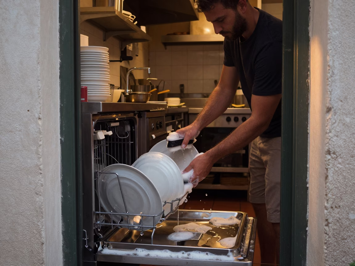 Scrubbing Plates in Rome in in Rome, Italy
