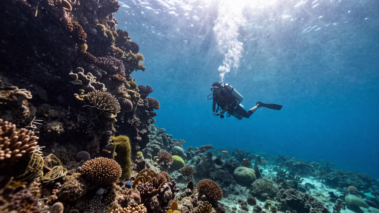 Scuba Diver Gliding Along Reef Wall in Stone Town in beneath a reef ledge in tropical shallows near Stone Town