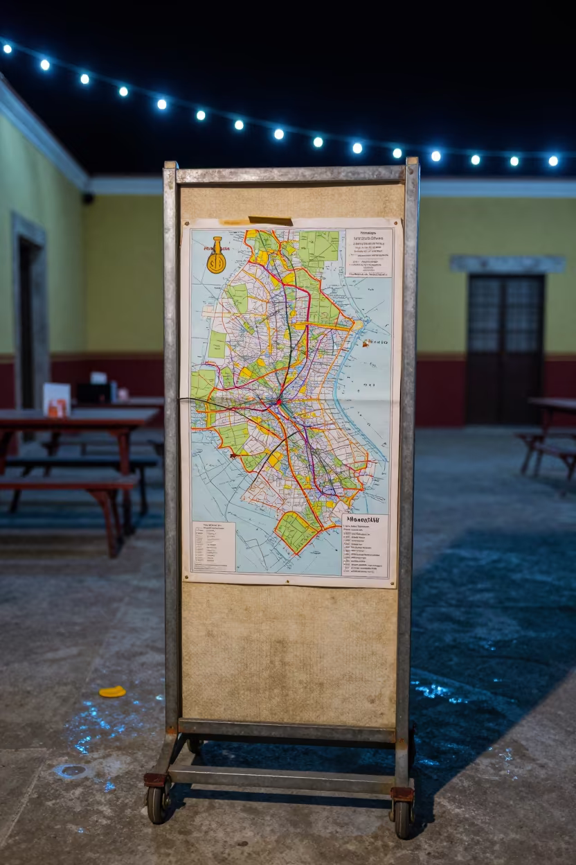 Scuffed Map Tube Stand in Oaxaca Barracks Midnight in in a mess hall before service in Oaxaca