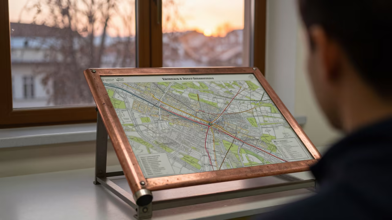 Scuffed Map Tube Stand in Sarajevo Mess Hall in in a mess hall before service in Sarajevo