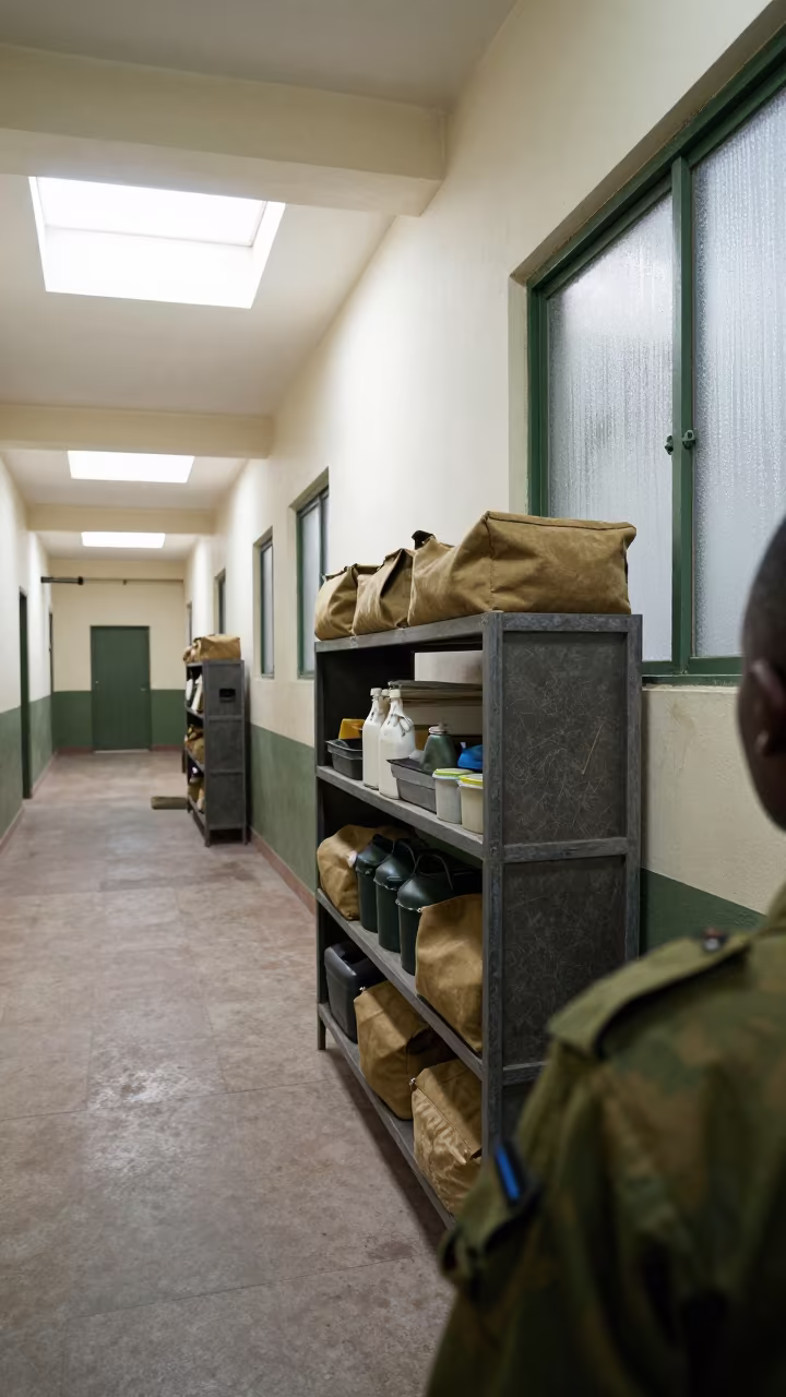 Scuffed Metal Shelf in Maputo Barracks Corridor in inside a barracks corridor near Maputo