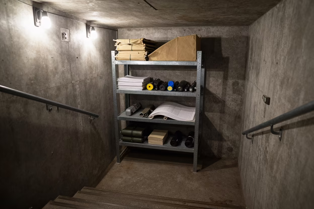 Scuffed Metal Shelf in Toyama Bunker in inside a bunker stairwell in Toyama