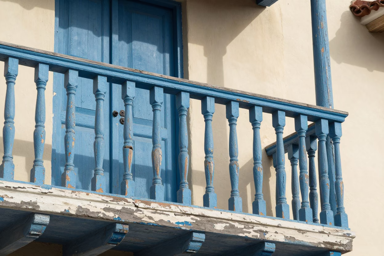 Scuffed Painted Wood Railing in Cartagena in in Cartagena, Colombia