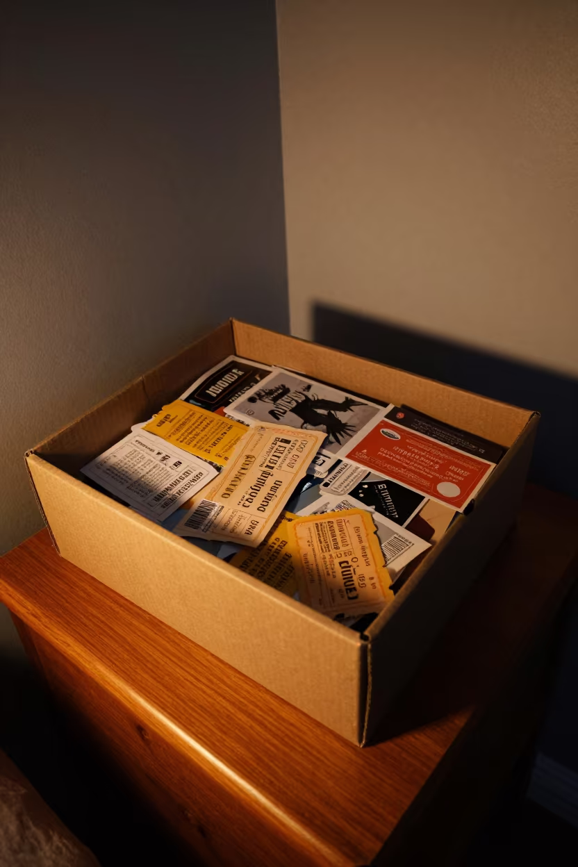 Scuffed Shoebox of Tickets and Postcards in on a bedside table near Arts District, Los Angeles