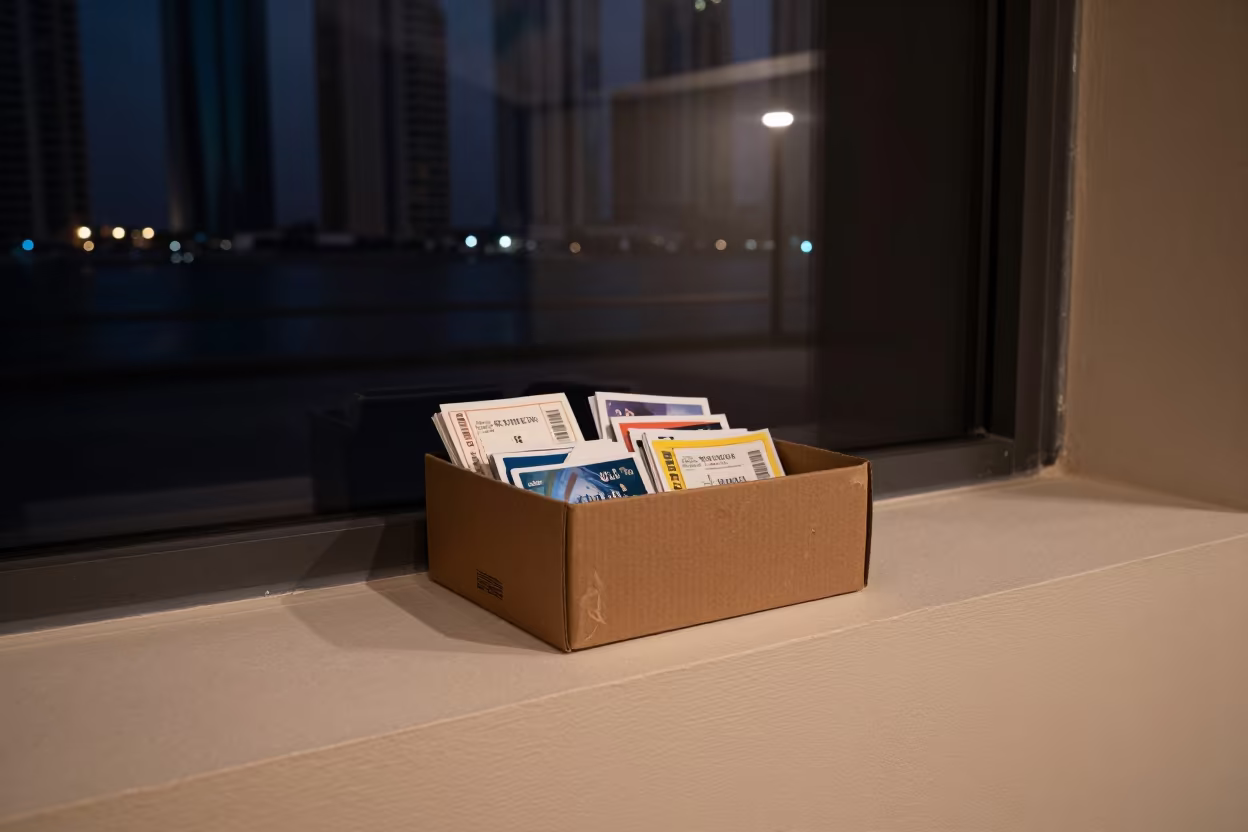 Scuffed Ticket Box on Marina Dubai Ledge in on a painted display ledge in Marina, Dubai