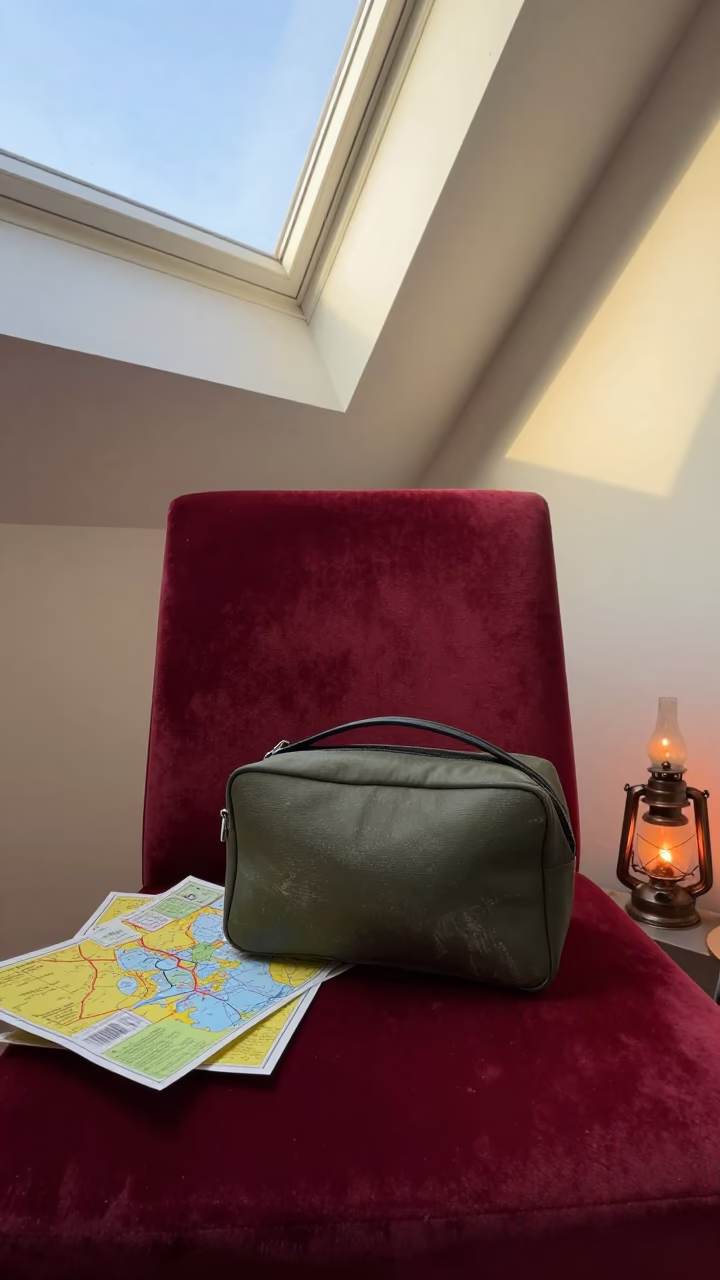 Scuffed Toiletry Kit on Velvet Chair Palermo in on a velvet chair in Palermo