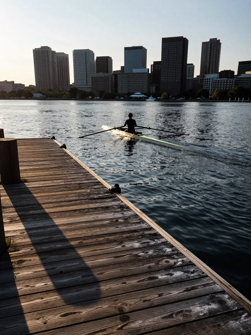 Sculler at Evening Light in Boston in in Boston, United States