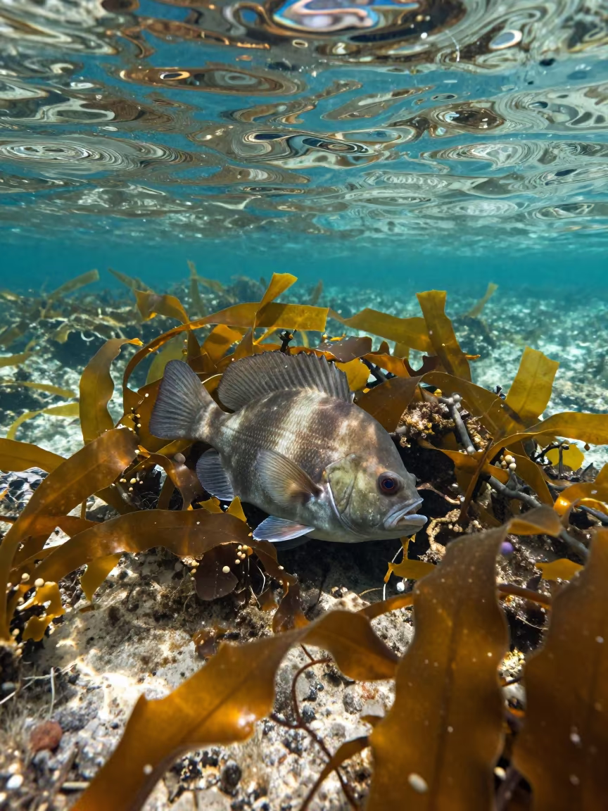 Sculpin Ambush in Florida Tide Pool in through kelp fronds beside a rocky shelf in Florida