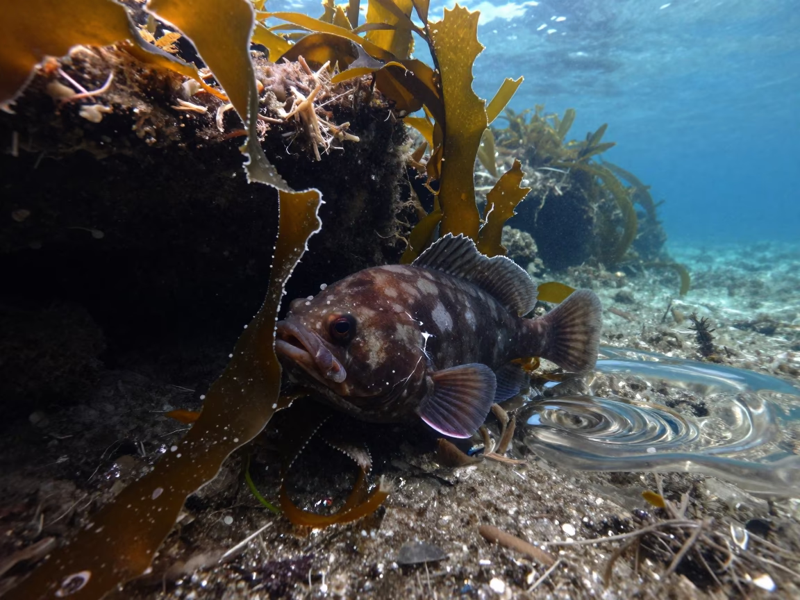 Sculpin Ambush in Kenyan Tide Pool Dawn in through kelp fronds beside a rocky shelf in Kenya