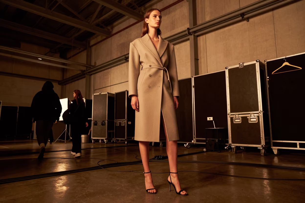 Sculpted Coat Model in Amber Glasgow Backstage Light in under runway rehearsal lights in Glasgow