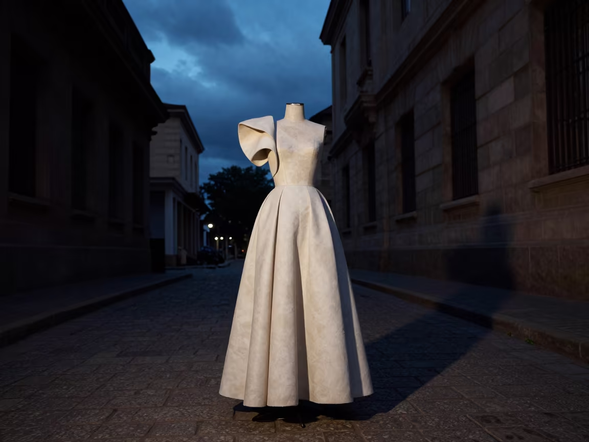 Sculpted Shoulder Dress Form in Harare Evening in in a stone lane between old facades in Harare