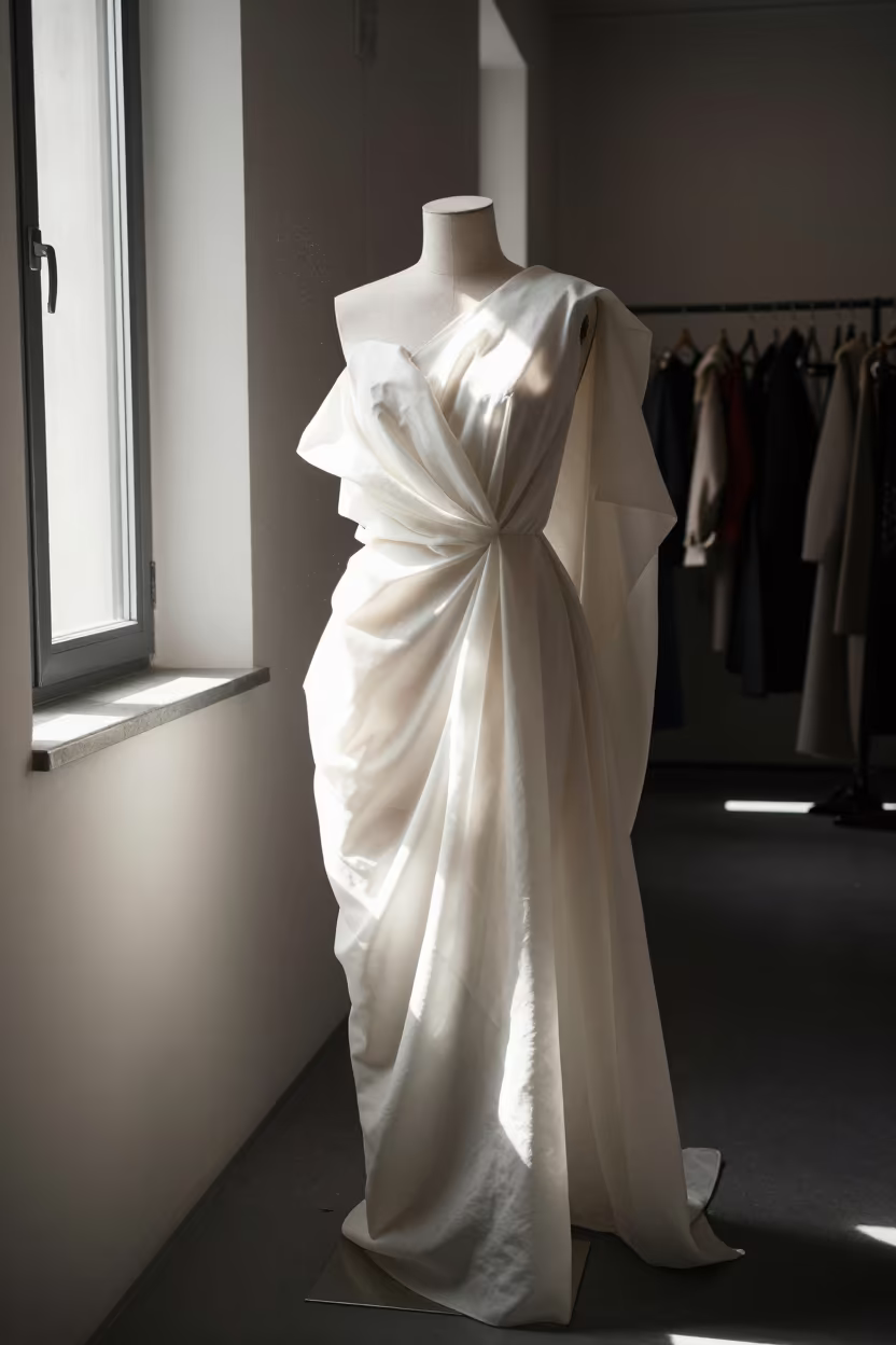Sculptural Muslin Dress Form Linz Atelier Window in in a backstage changing corridor in Linz