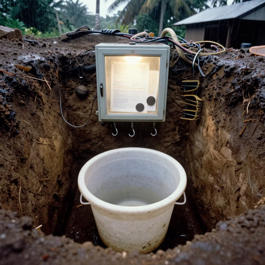 Scupper Basket Spare Bin Under Pale Site Light in inside a taped-off excavation edge in Comoros
