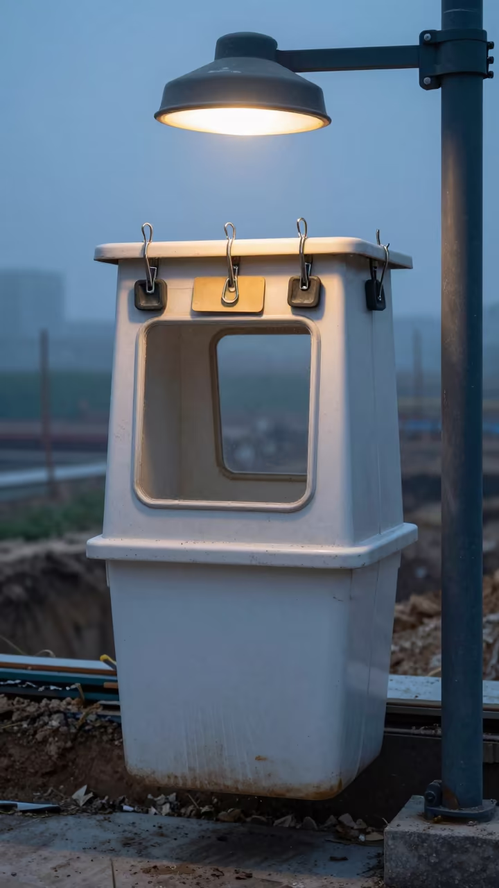 Scupper Basket Spare Bin Under Twilight Light in inside a taped-off excavation edge near Hefei