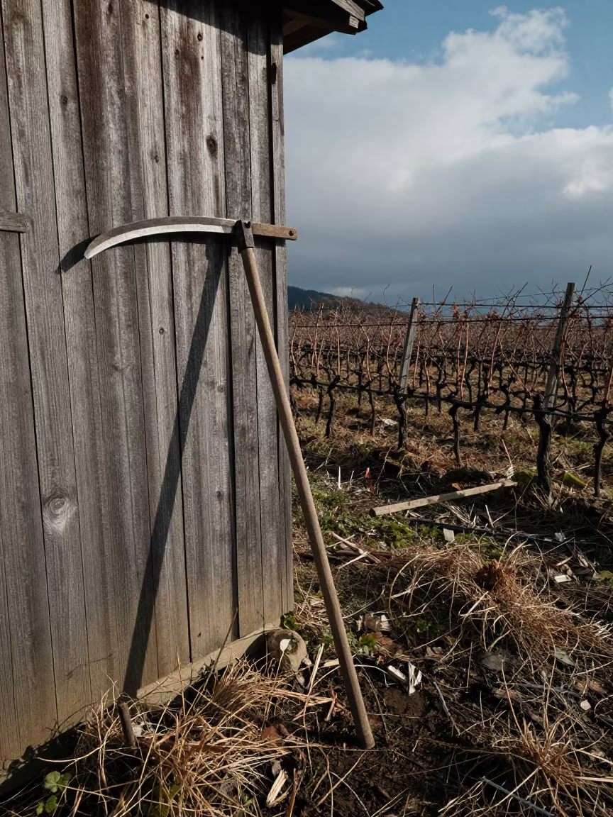 Scythe Against Barn Wall Autumn Light in between vineyard trellises in Hokkaido