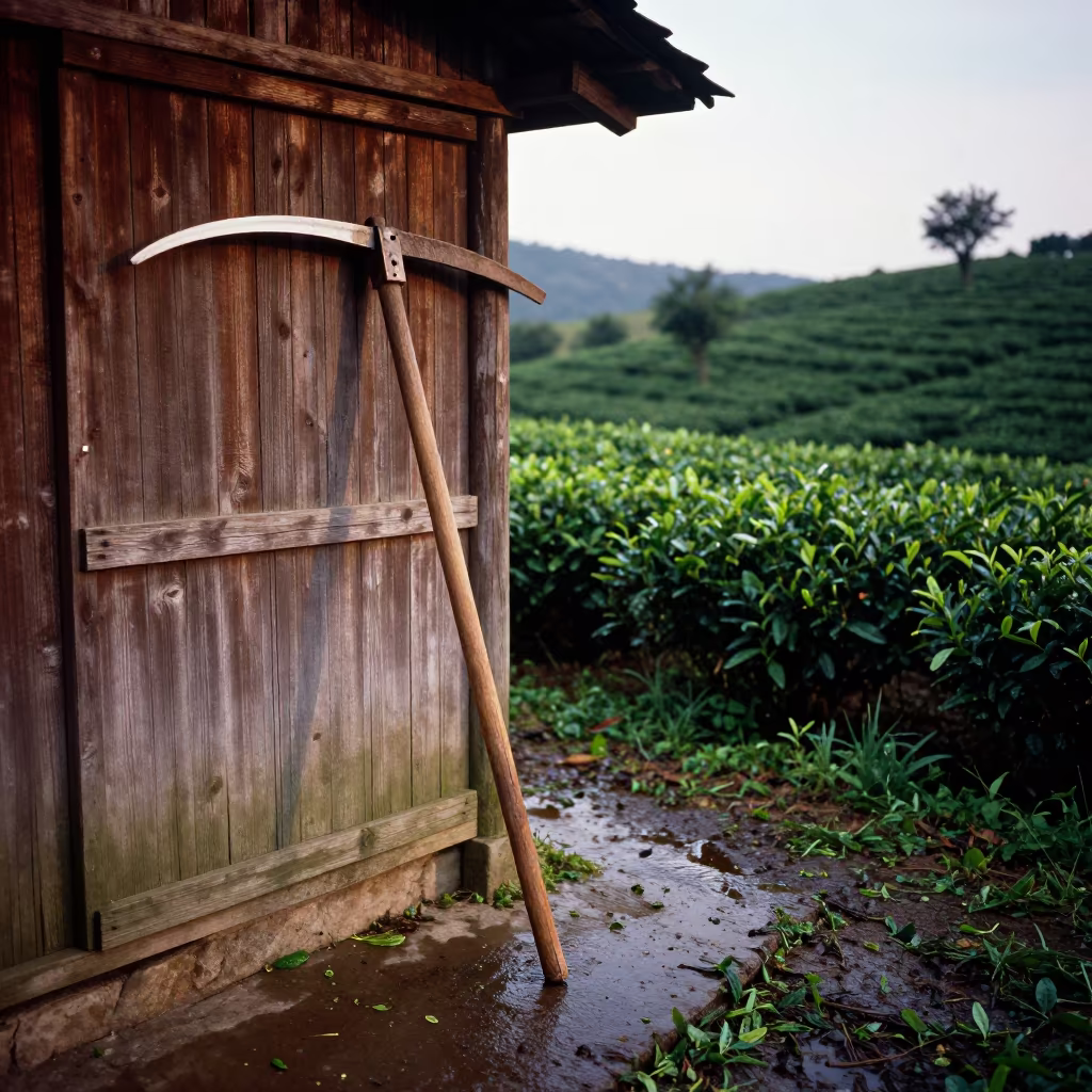 Scythe Leaning Against Barn Wall Tea Plantation in at the edge of a tea plantation in Campania