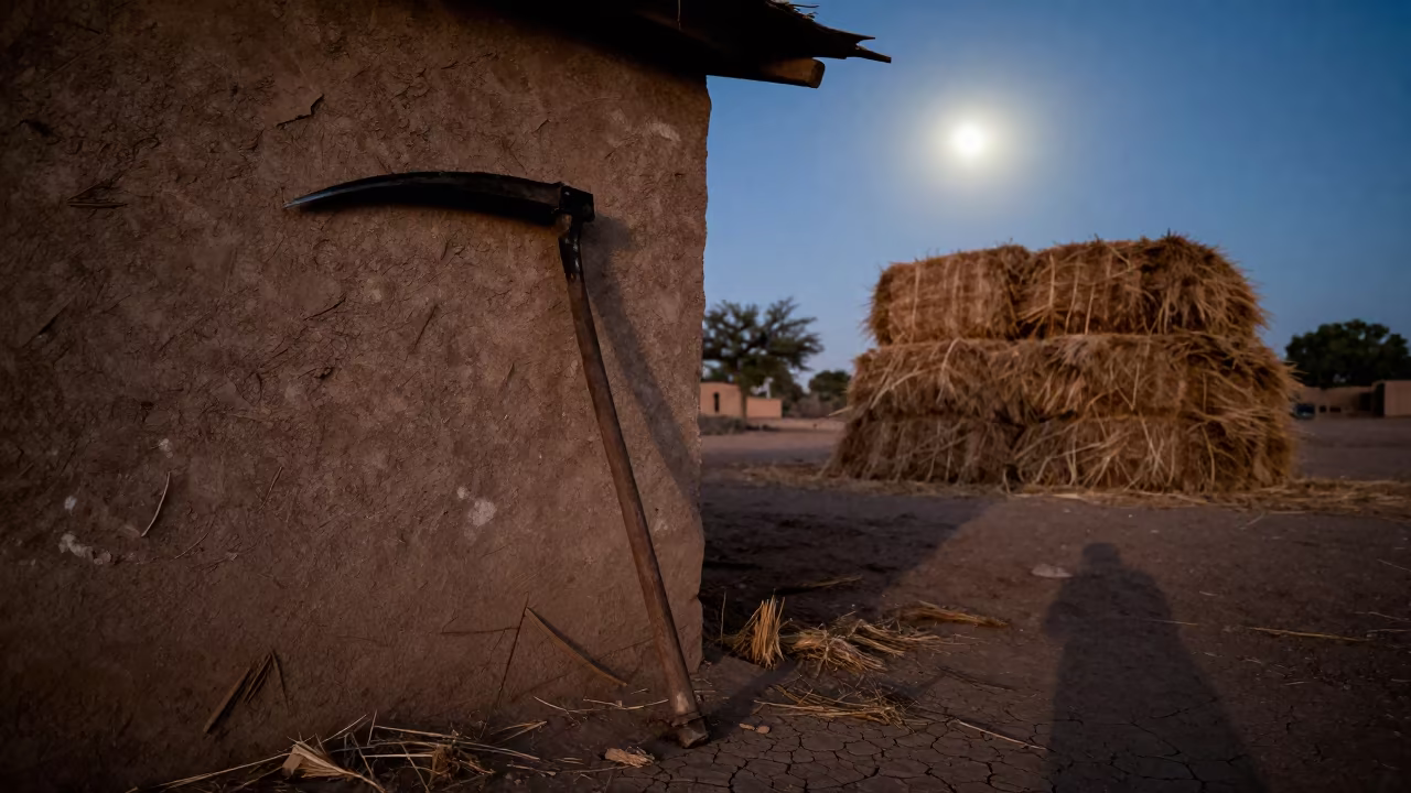 Scythe Silhouette Against Dawn Barn Wall in beside stacked hay bales in Djibouti