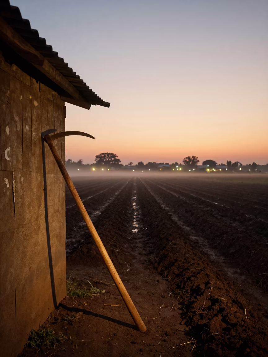 Scythe Silhouette Against Dusk in Burkina Faso in along freshly irrigated rows in Burkina Faso