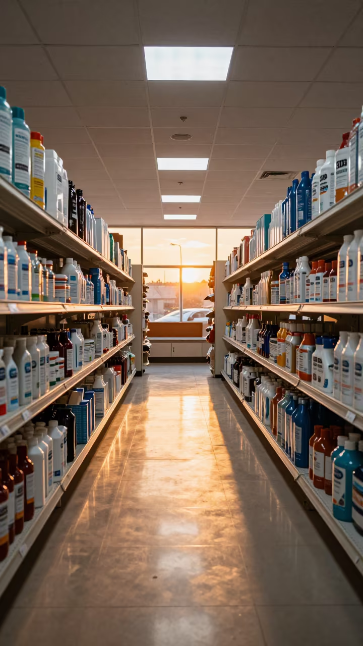 SDS Binder Shelf at Baqubah Checkout Before Reset in at a checkout lane under flat store light in Baqubah