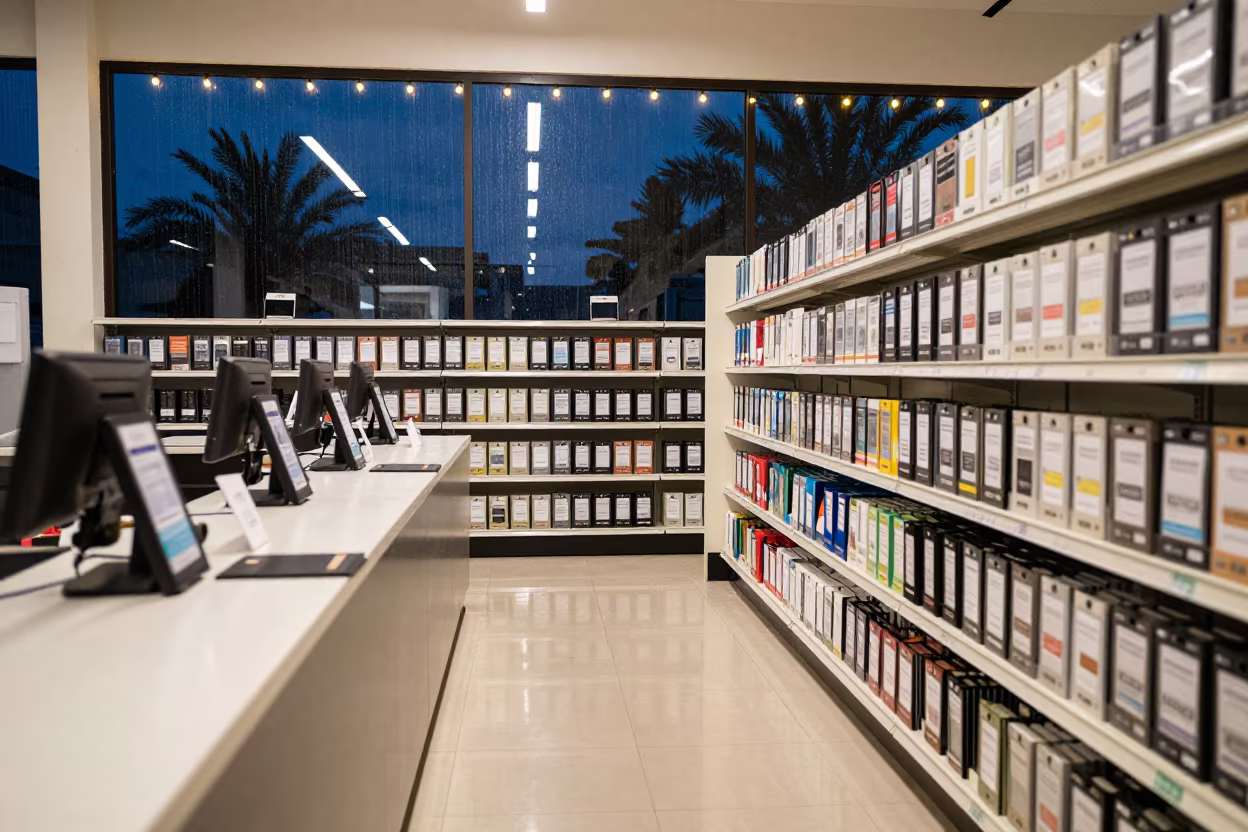 SDS Binder Shelf Before Night Reset in Cancun Store in at a checkout lane under flat store light in Cancun
