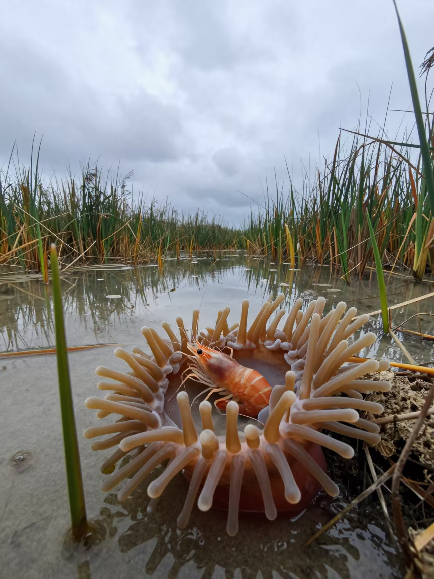 Sea Anemone and Shrimp in Greek Reed Bed in at the edge of a reed bed in Greece