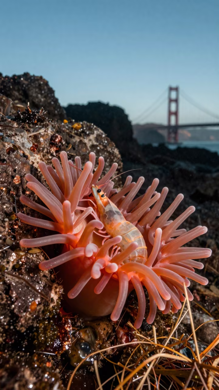 Sea Anemone and Shrimp in Late Autumn Light in on a wind-scoured ridge near San Francisco