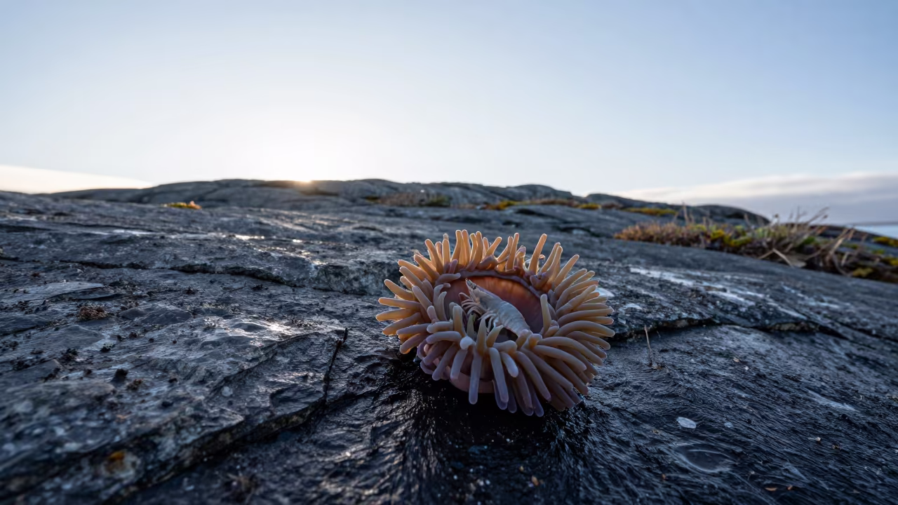 Sea Anemone and Shrimp on Norwegian Ridge in on a wind-scoured ridge in Norway
