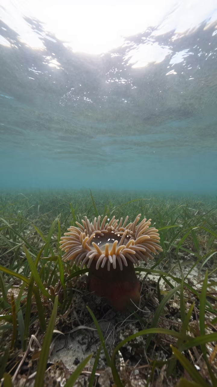 Sea Anemones Silhouetted in Florida Tide Pools in above a seagrass meadow in Florida