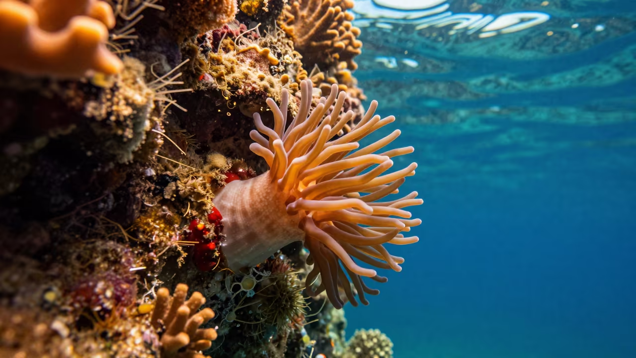 Sea Apple Filter Feeding Amber Sunset Reef in along a coral wall with blue water beyond near Denpasar