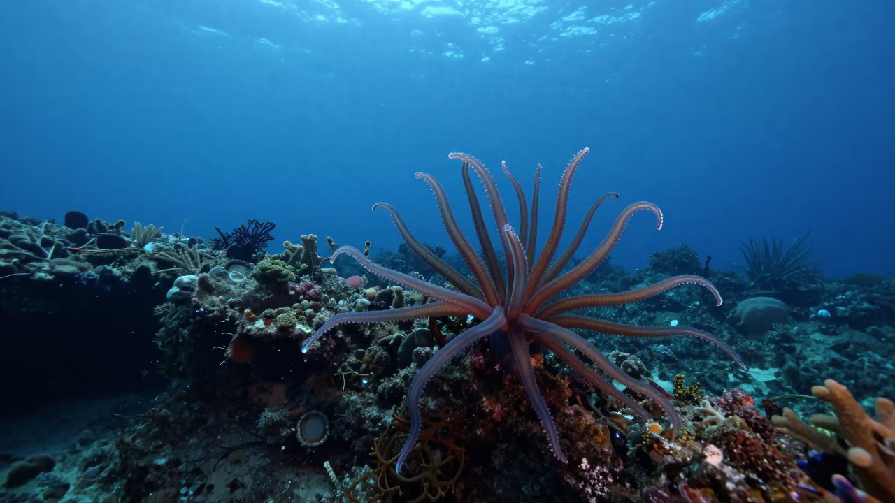 Sea Apple Filter Feeding Under Reef Ledge at Twilight in beneath a reef ledge in tropical shallows near Stone Town