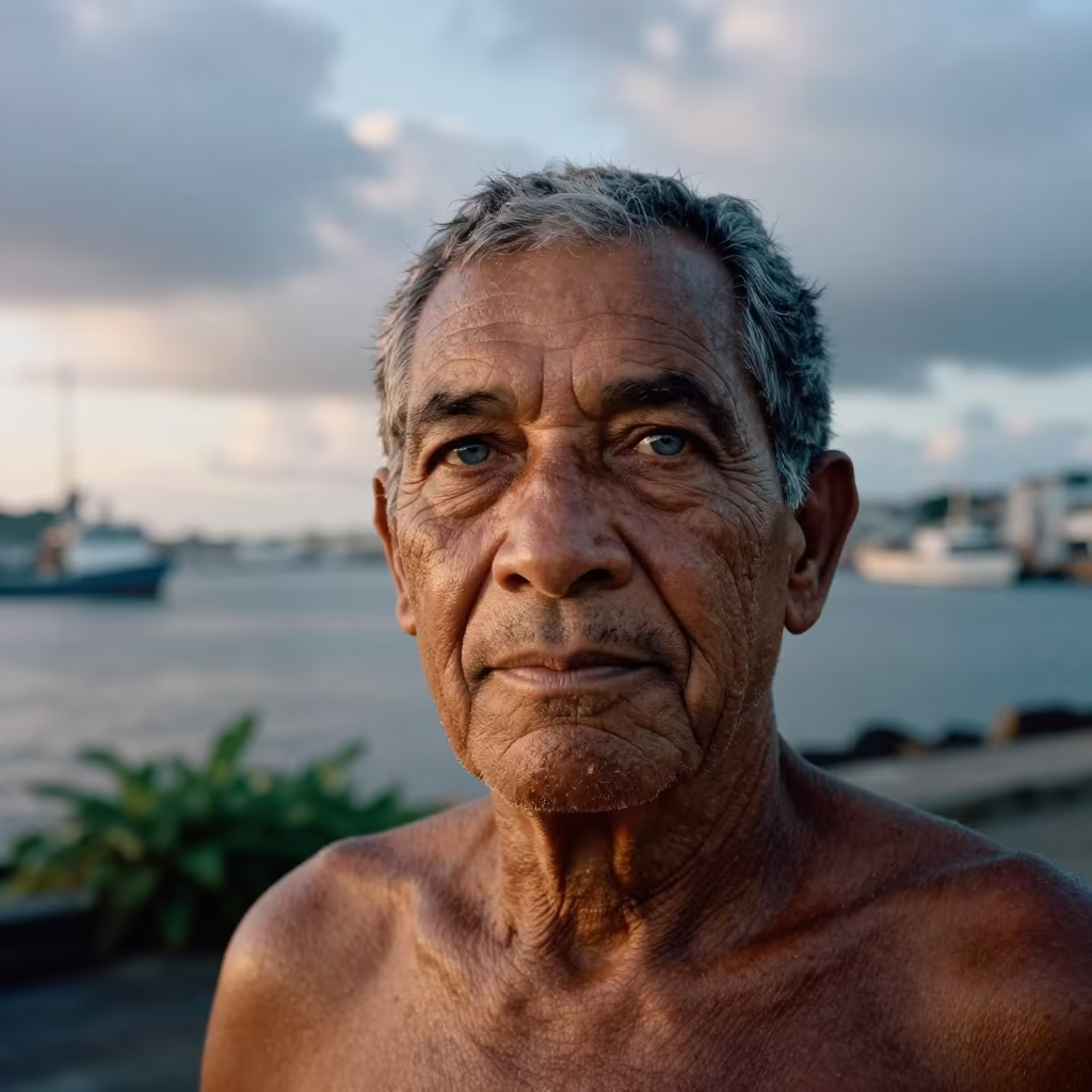 Sea Captain Portrait at Salvador Harbor Dawn in at a harbor edge in Salvador